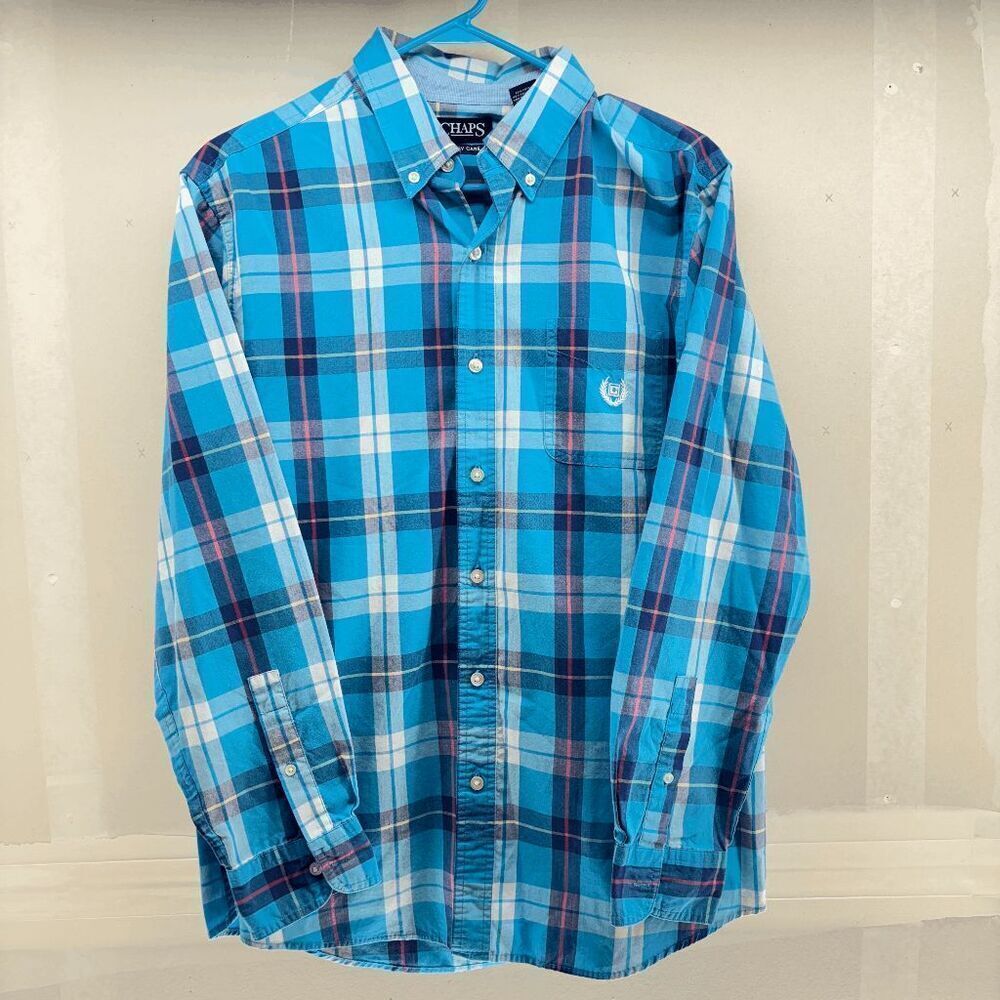 Chaps Easy Care Long Sleeve Mens‎ Large Blue White Plaid Poplin Button up Shirt